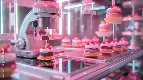 Wallpaper Mural Futuristic bakery with automated machines making colorful cupcakes decorated with icing and strawberries in a neon-lit setting. Torontodigital.ca