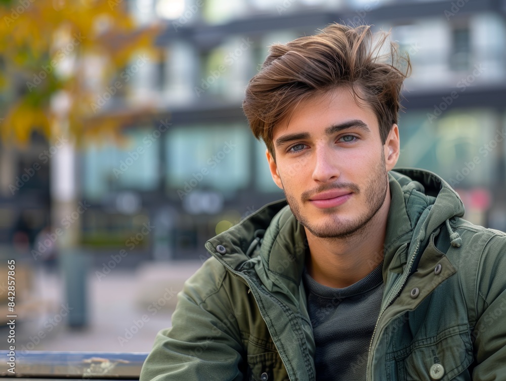 Handsome Man in Green Jacket Sitting Outdoors. Generative AI. Handsome Man in Green Jacket Sitting Outdoors. Generative AI.