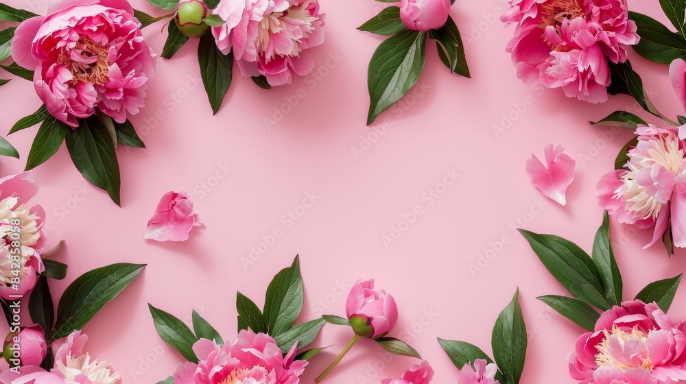 Frame made of beautiful peony flowers on pink background. Frame made of beautiful peony flowers on pink background.