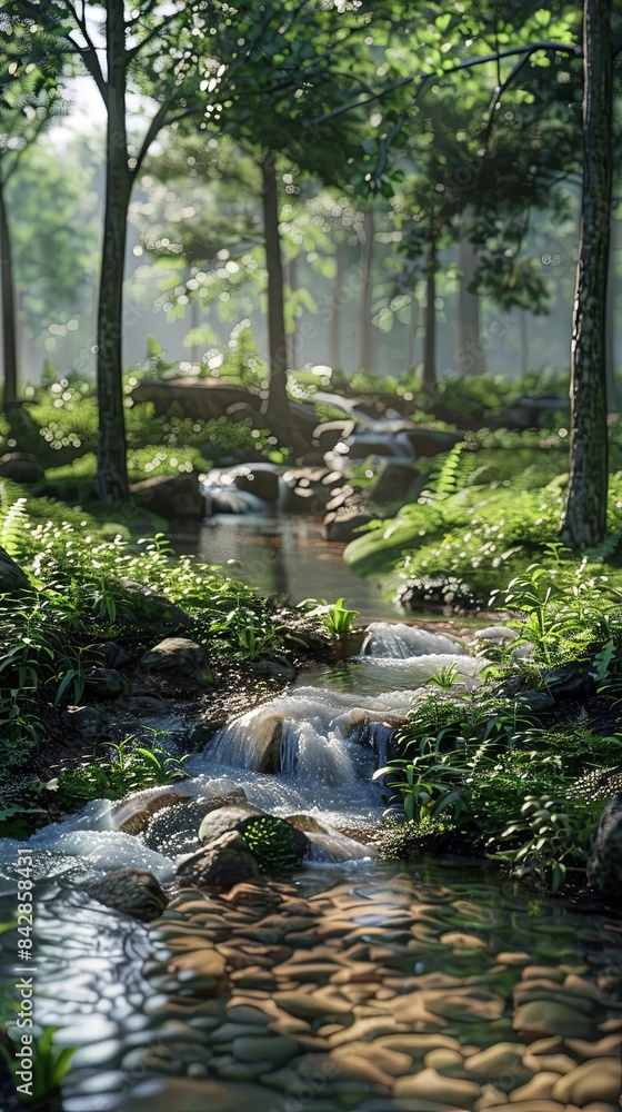 A tranquil forest stream, realistic. A tranquil forest stream, realistic.