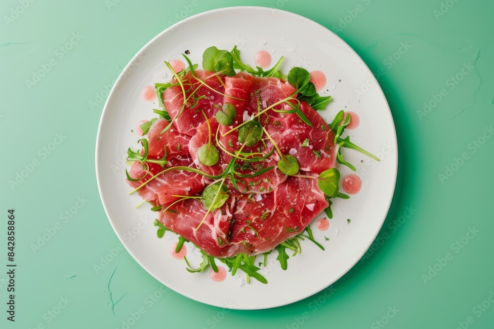 A Delicate Arrangement of Sliced Beef With Greens and a Pink Glaze A Delicate Arrangement of Sliced Beef With Greens and a Pink Glaze