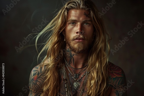 A captivating portrait captures a tattooed Caucasian Nordic young man, his long hair flowing, adorned with jewelry, exuding an aura of individuality and style