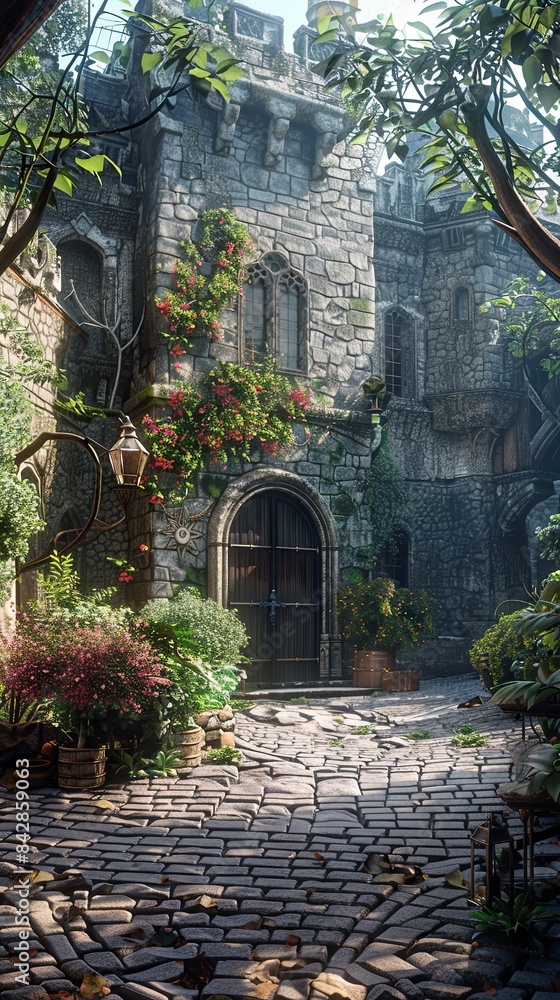 A medieval castle courtyard, realistic. A medieval castle courtyard, realistic.