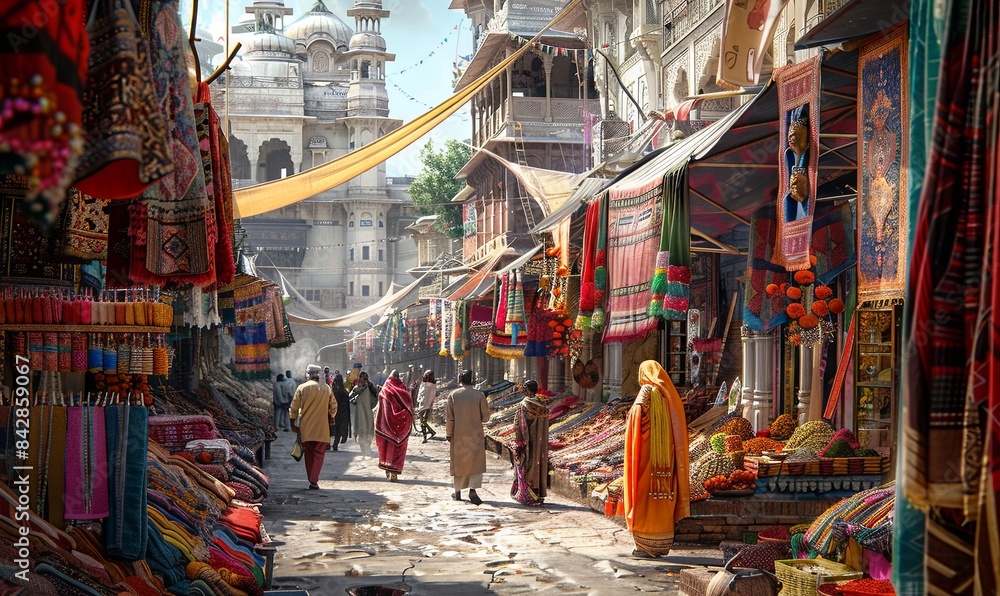 A vibrant Indian street scene with bustling markets, colorful textiles hanging from shop awnings, and the scent of spices filling the air. Realistic.