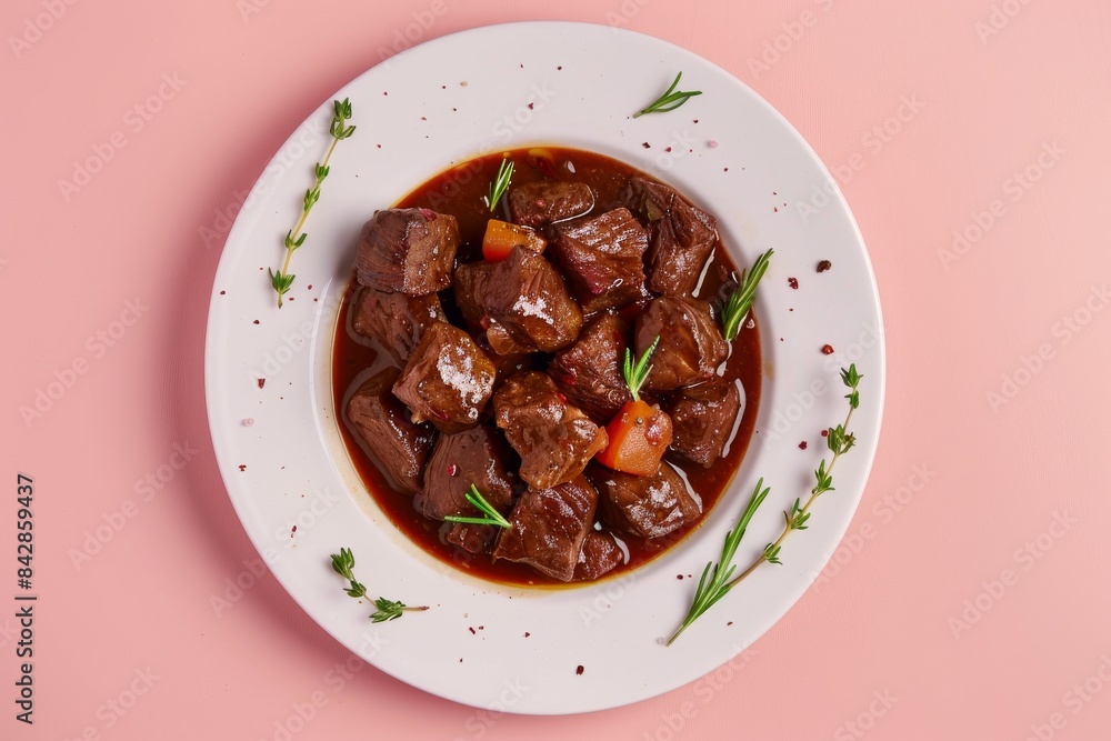 A White Plate of Rich Beef Stew With Rosemary and Thyme Garnish on Pink Background A White Plate of Rich Beef Stew With Rosemary and Thyme Garnish on Pink Background