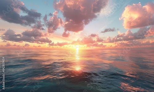 A serene sunset over a calm ocean. Realistic.