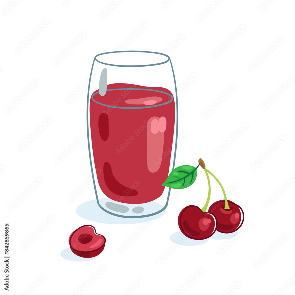 Glass of cherry juice and fresh cherries. Handmade picture in line style. Isolated on white background. Vector flat illustration. Glass of cherry juice and fresh cherries. Handmade picture in line style. Isolated on white background. Vector flat illustration.