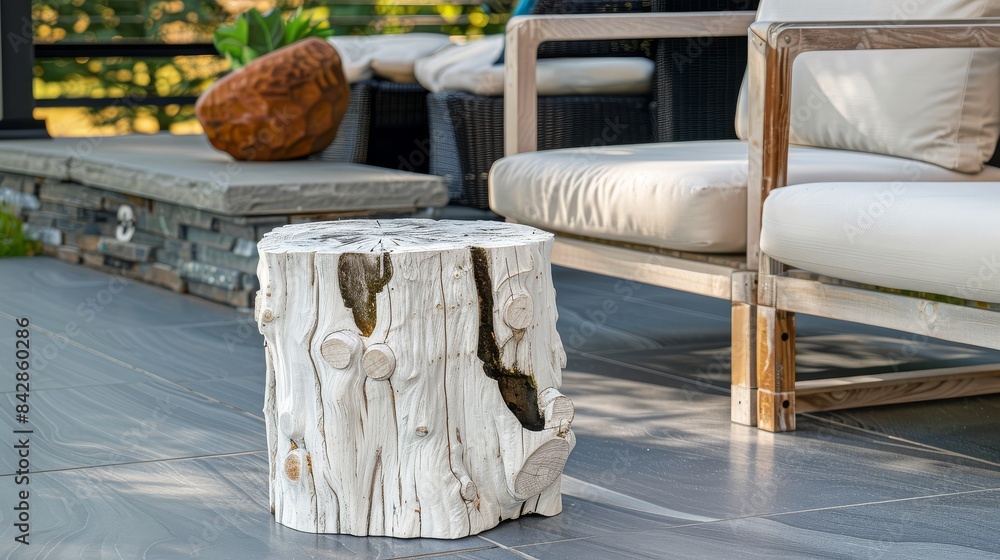 White tree stump side table with rough texture on a patio in an outdoor living area, featuring a simple design and clean background, highlighting its minimalist aesthetic. White tree stump side table with rough texture on a patio in an outdoor living area, featuring a simple design and clean background, highlighting its minimalist aesthetic.