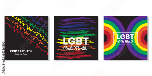 Poster set support for the LGBT community with these colorful Pride Month posters. The energetic rainbow scribbles on a black backdrop make a powerful statement for equality and love.