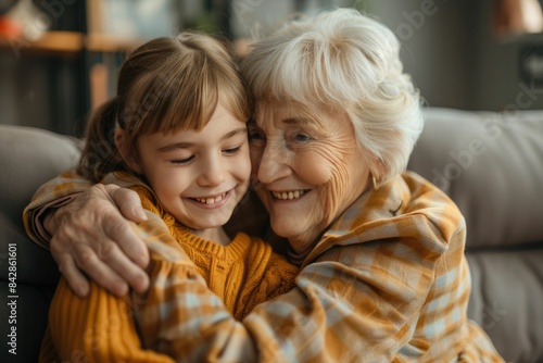 Happy blonde grandma and cheerful granddaughter child playing active games on home sofa. Grandmother and grandkid enjoying funny leisure on family meeting, having fun, hugging on couch