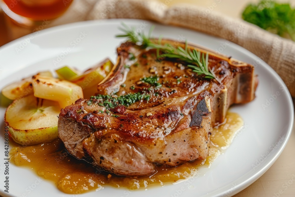 A Juicy Pork Chop With Apple Slices and a Rosemary Garnish A Juicy Pork Chop With Apple Slices and a Rosemary Garnish