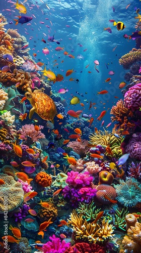Fototapeta Naklejka Na Ścianę i Meble -  A vibrant coral reef teeming with colorful fish, sea turtles, and exotic marine life, realistic.