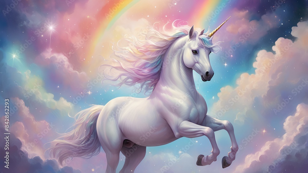 A dreamy pastel background of twinkling stars and colorful clouds. In the foreground, a majestic rhino leaps gracefully
A dreamy pastel background of twinkling stars and colorful clouds. In the foreground, a majestic rhino leaps gracefully