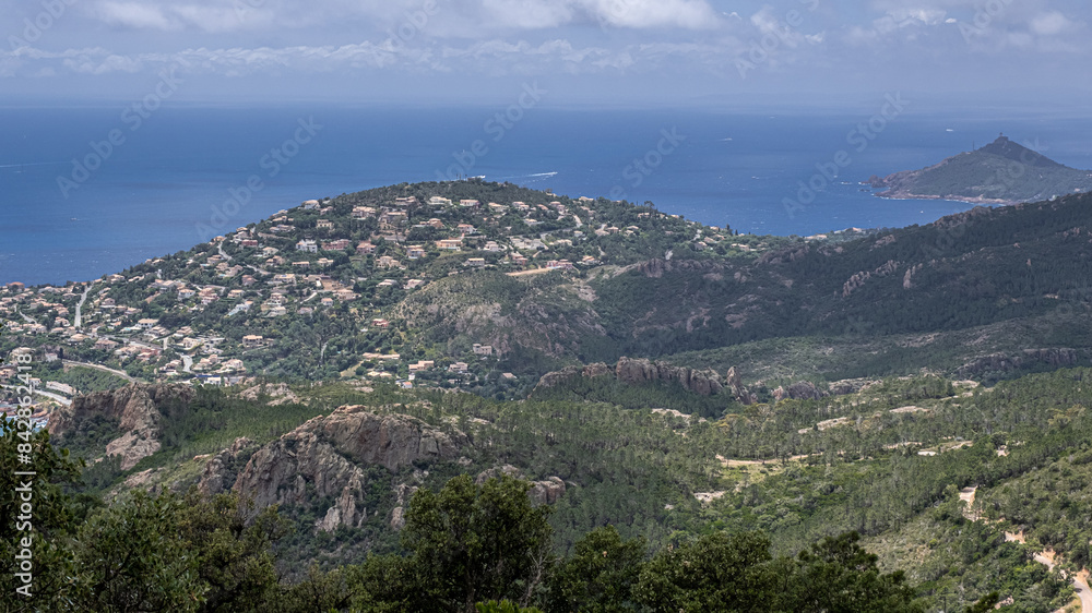 Massif de l'Esterel, a volcanic mountain range on the Mediterranean Sea coast on the French Riviera, located near Cannes on the east and Saint-Rafael on the west, France