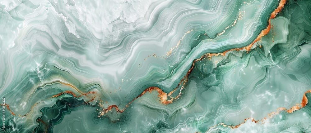 Naklejka premium Abstract green marble texture with golden accents, showcasing intricate patterns and luxurious aesthetic, perfect for backgrounds or designs.