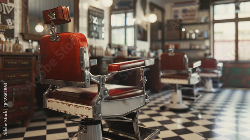 Interior of a vintage barbershop with classic red leather chairs and checkered flooring, evoking nostalgia.