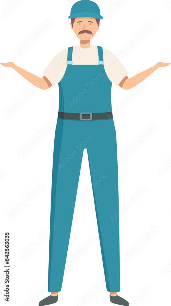 Handyman wearing blue overalls, a hardhat, and a mustache is shrugging with open palms Handyman wearing blue overalls, a hardhat, and a mustache is shrugging with open palms