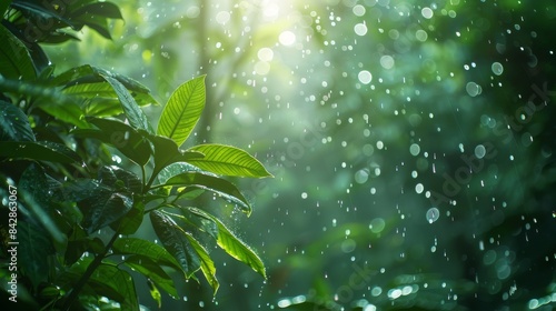 The interplay of sunlight and rain creates a serene atmosphere on the dark green leaves  embodying growth and renewal