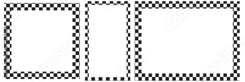 Rectangle frame with checkered print on borders. Rectangular vignette with checkerboard, race flag or chess game pattern isolated on white background.