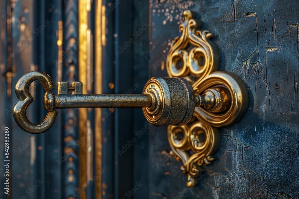 An elegant, golden key turning in a lock, side view, digitally rendered with photorealistic details, An elegant, golden key turning in a lock, side view, digitally rendered with photorealistic details,