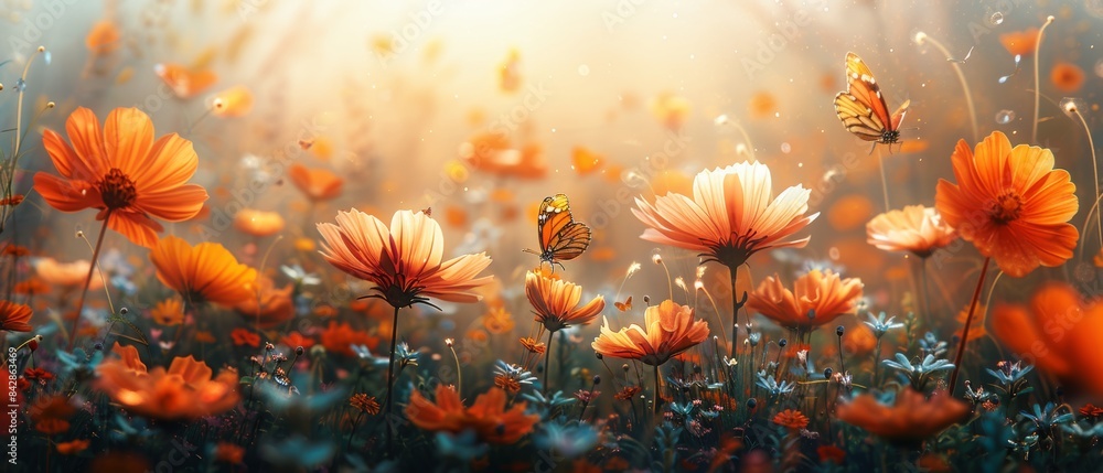 A meadow in full bloom, with butterflies and bees hovering around the flowers. A meadow in full bloom, with butterflies and bees hovering around the flowers.