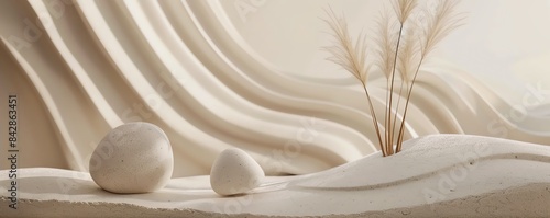 Minimalist abstract scene with smooth stones  pampas grass  and soft flowing dunes. Beige and neutral tones create a calm and serene atmosphere.