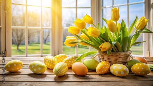 Brighten Up Your Easter With This Beautiful Image Of A Basket Of Yellow Tulips And Colorful Easter Eggs. photo