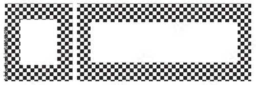 Rectangle frame with checkered print on borders. Rectangular vignette with checkerboard, race flag or chess game pattern isolated on white background. Vector graphic illistration.