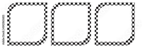 Rectangle frame with checkered print on borders. Rectangular vignette with checkerboard, race flag or chess game pattern isolated on white background. Vector illistration. EPS 10 Save to Library