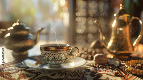 A beautifully designed cup of coffee with steam rising  placed on an ornate tablecloth  accompanied by elegant teapots  and bathed in warm sunlight.