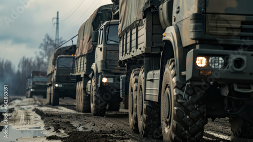 A convoy of military trucks traverses a muddy and rugged terrain under a cloudy sky, highlighting resilience and the challenging conditions faced in transit. photo