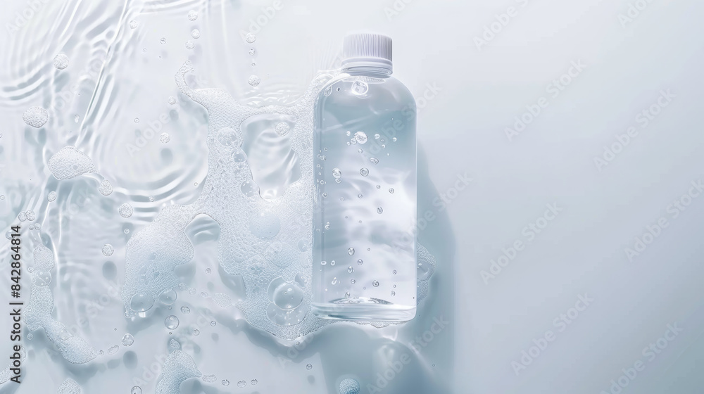 A clear plastic bottle filled with sparkling liquid lies against a soft, white, bubbly background creating an impression of cleanliness and purity. A clear plastic bottle filled with sparkling liquid lies against a soft, white, bubbly background creating an impression of cleanliness and purity.