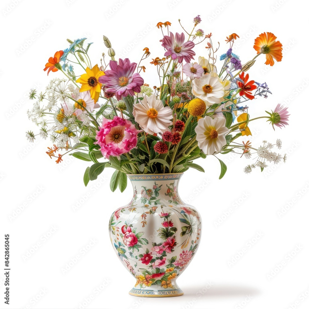 Obraz premium Delicate Beauty - Ceramic Vase with Vibrant Flowers on White Background