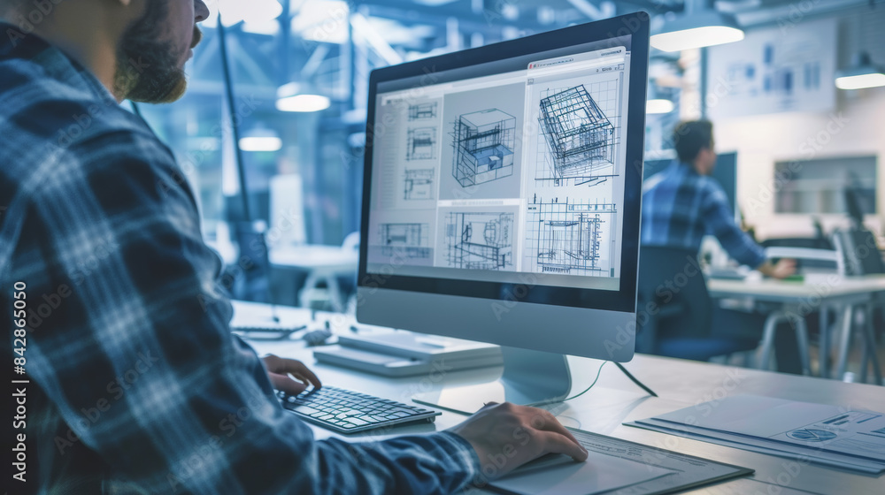 A focused engineer works on a computer, meticulously analyzing architectural blueprints in a modern, industrial office setting. A focused engineer works on a computer, meticulously analyzing architectural blueprints in a modern, industrial office setting.