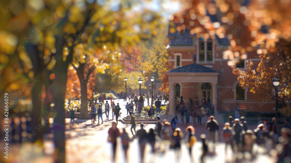 Obraz premium A lively university campus illuminated by warm afternoon light, crowded with students amid the autumnal beauty of colorful trees and historic brick buildings.