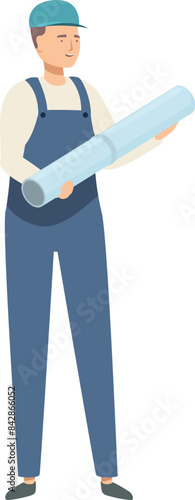 Confident plumber is holding a large diameter plastic pipe, ready to start work