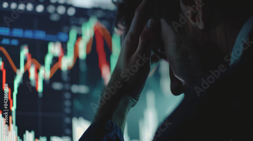 A person holding their head in distress, surrounded by financial data on screens, reflecting the stress and challenges of stock market fluctuations. photo
