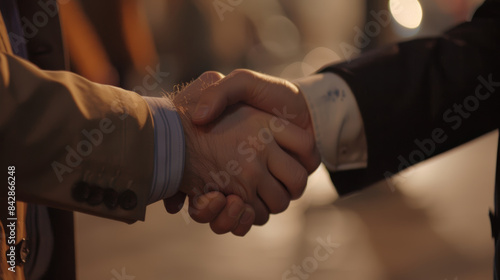 Two individuals engage in a firm handshake, symbolizing a successful business agreement or mutual understanding.