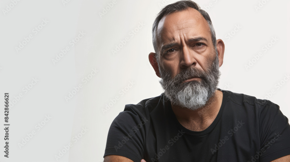 Portrait of a middle-aged man with a solemn expression, showcasing strong features and depth of character against a light background. Portrait of a middle-aged man with a solemn expression, showcasing strong features and depth of character against a light background.