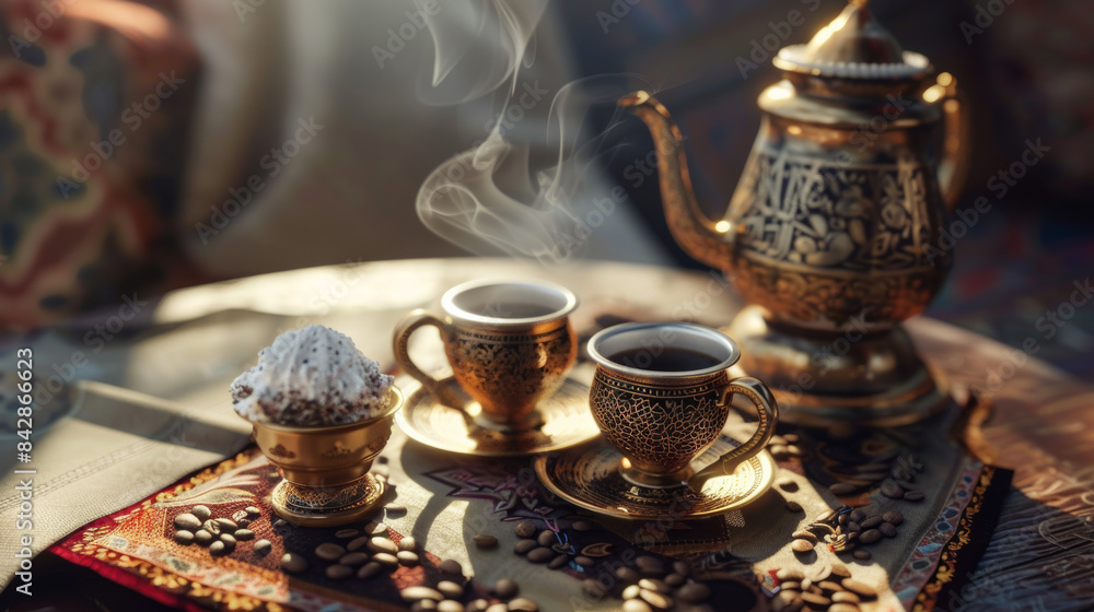A sophisticated setup of steaming coffee cups on a textured tablecloth, surrounded by beans and an intricately designed teapot, bathed in warm light. A sophisticated setup of steaming coffee cups on a textured tablecloth, surrounded by beans and an intricately designed teapot, bathed in warm light.