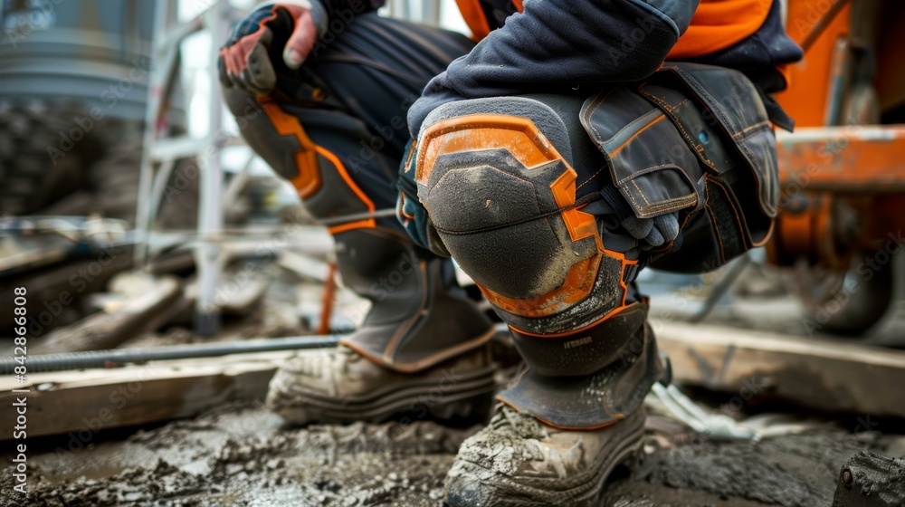 A set of heavyduty knee pads fitted to a construction workers knees to provide protection when working on hard surfaces. A set of heavyduty knee pads fitted to a construction workers knees to provide protection when working on hard surfaces.
