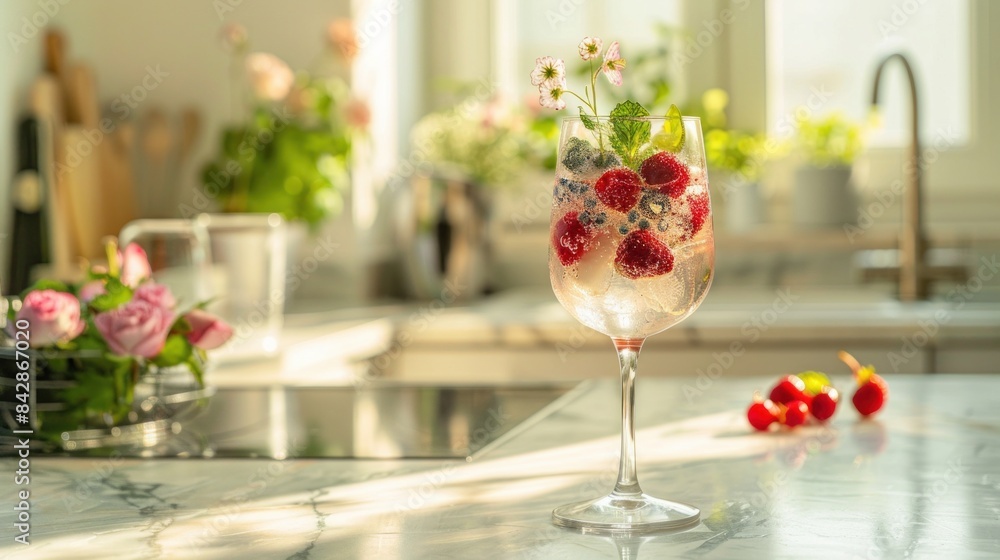 A vibrant low-ABV cocktail with assorted berries and ice cubes, elegantly served in a wine glass, placed on a kitchen counter with morning sunlight streaming through the window. A vibrant low-ABV cocktail with assorted berries and ice cubes, elegantly served in a wine glass, placed on a kitchen counter with morning sunlight streaming through the window.