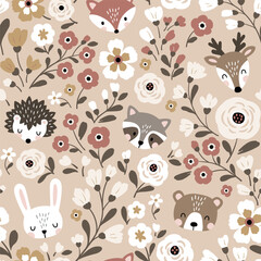 Wandcirkels Kinderkamer patronen Bosdieren tussen bloemen kinderkamer  © MirabellePrint