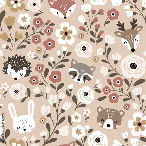 Seamless vector pattern with cute woodland animal heads on floral background. Hand drawn illustration. Perfect for textile, wallpaper or nursery print design.