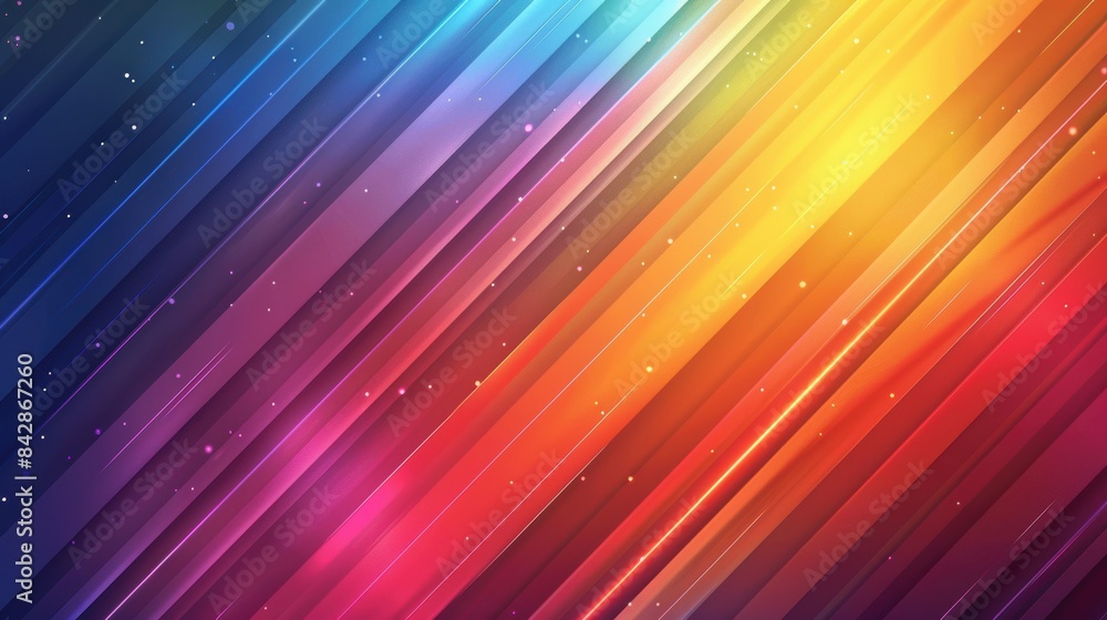Obraz premium Vibrant abstract background with diagonal gradient stripes in a spectrum of colors from blue to red, with small white sparkles.