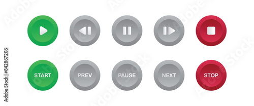 Media player button icons set. Play, start, previous, pause, next, and stop buttons.