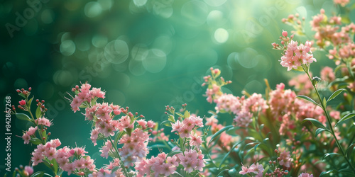 Beautiful pink flowers on green bokeh background with copy space