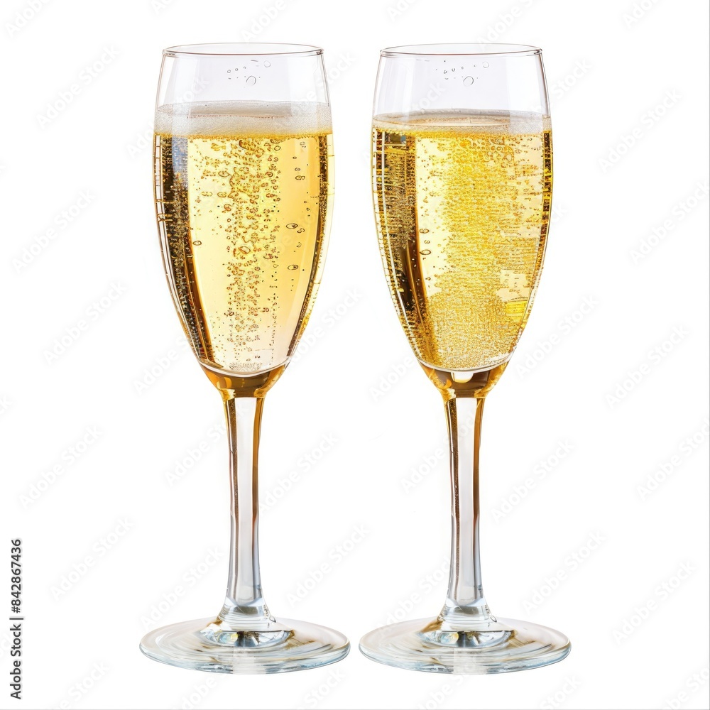 Elegant New Year's Eve Champagne Glasses with Bubbles on White Background Elegant New Year's Eve Champagne Glasses with Bubbles on White Background