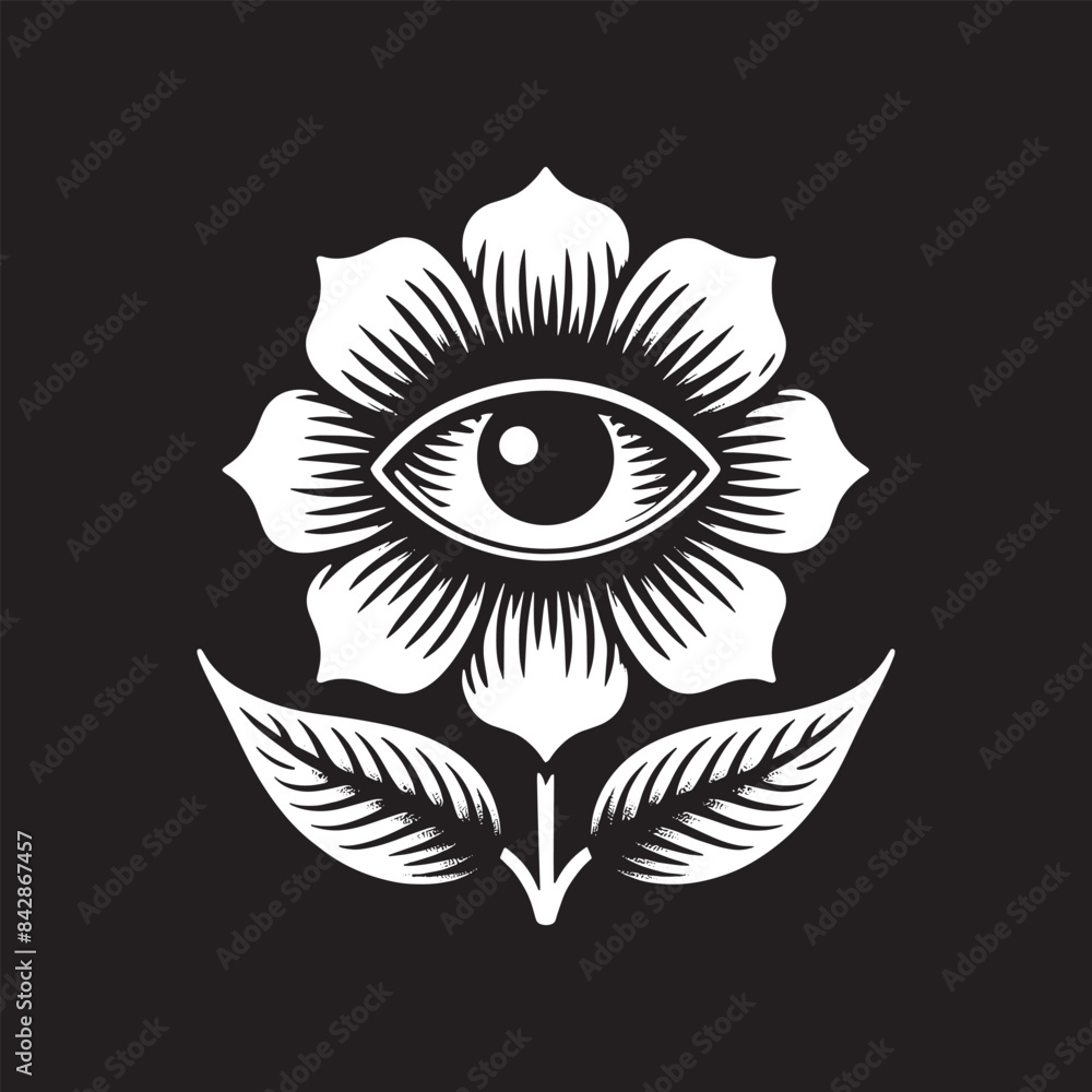 Fototapeta premium mystical flower with an eye. Black and white engraving illustration, print, emblem