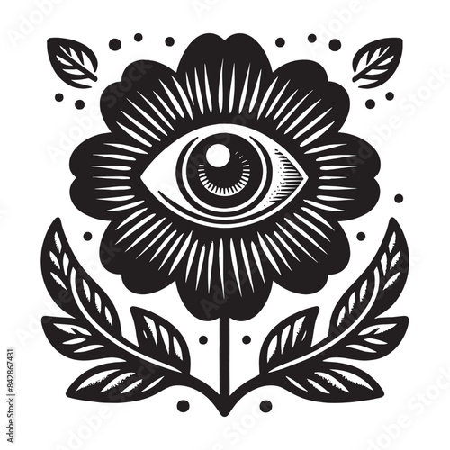 mystical flower with an eye. Black and white engraving illustration, print, emblem